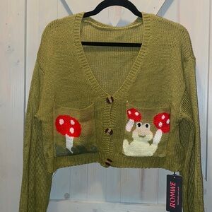 New Knit sweater mushrooms and frog